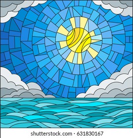 Illustration in stained glass style with sea landscape, sea, cloud, sky and sun