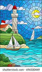 Illustration in stained glass style with sea view, three ships and a shore with a lighthouse in the background of day cloud sky sun and sea