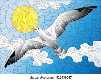 Illustration in stained glass style Seagull on the background of sky, sun and clouds
