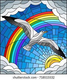 Illustration in stained glass style with a Seagull on the background of sky, sun , clouds and rainbow