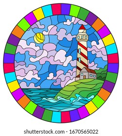 Illustration in stained glass style with seascape, lighthouse  on a background of sea and Sunny sky, oval image in bright frame