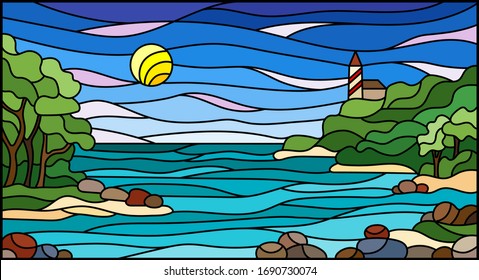 Illustration in stained glass style with seascape, sea with and shore against a Sunny sky with clouds