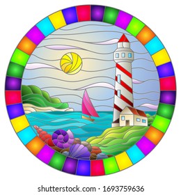 Illustration in stained glass style with seascape, lighthouse and sailboat on a background of sea and Sunny sky, oval image in bright frame