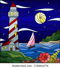 Illustration in stained glass style with seascape, lighthouse and sailboat on a background of sea and starry night sky with a moon 