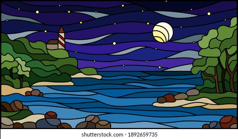 Illustration in stained glass style with seascape, sea with and shore against a starry night  sky with clouds and moon