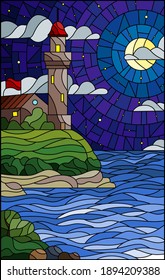 Illustration in stained glass style with seascape, lighthouse  on a background of sea and starry night sky with moon