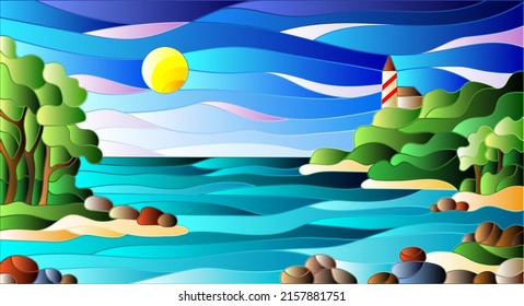 Illustration in stained glass style with seascape, sea with and shore against a Sunny sky with clouds