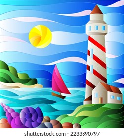 Illustration in stained glass style with seascape, lighthouse and sailboat on a background of sea and Sunny sky