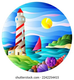 Illustration in stained glass style with seascape, lighthouse and sailboat on a background of sea and Sunny sky, oval image