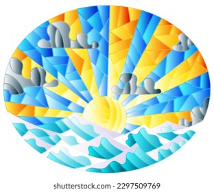 Illustration in stained glass style with seascape, sun on blue sky and sea background