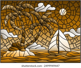 Illustration in stained glass style with the seascape, tropical island with palm trees and a sailboat on a background of ocean , sun and cloudy sky, tone brown
