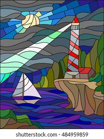 Illustration in stained glass style with the seascape, lighthouse and sailboat on the background of the night sky and the sea