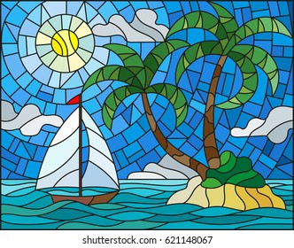 Illustration in stained glass style with the seascape, tropical island with palm trees and a sailboat on a background of ocean , sun and cloudy sky
