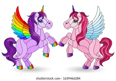 Illustration in stained glass style with a set of bright rainbow unicorns, isolated on a white background