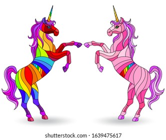 Illustration in stained glass style with a set of bright rainbow unicorns, isolated on a white background