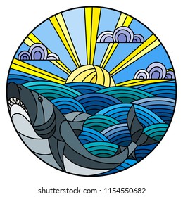 Illustration in stained glass style shark into the waves, Sunny sky and clouds, round image