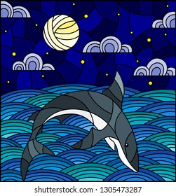 Illustration in stained glass style with shark into the waves, starry sky,moon  and clouds