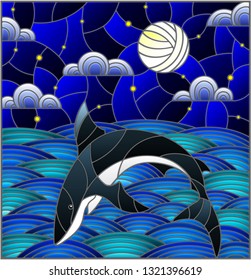 Illustration in stained glass style with shark into the waves, starry sky,moon  and clouds