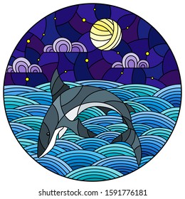 Illustration in stained glass style with shark into the waves, starry sky,moon  and clouds, round image