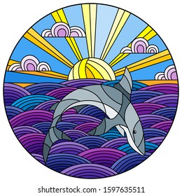 Illustration in stained glass style shark into the waves, Sunny sky and clouds, round image