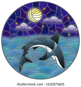 Illustration in stained glass style with shark into the waves, starry sky,moon  and clouds, round image