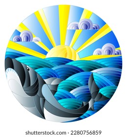 Illustration in stained glass style shark into the waves, Sunny sky and clouds, round image