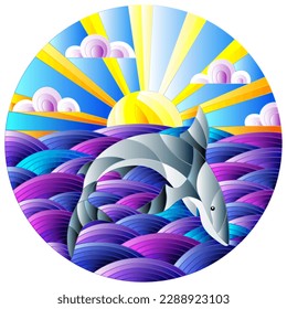 Illustration in stained glass style shark into the waves, Sunny sky and clouds, round image