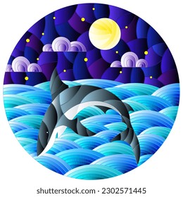 Illustration in stained glass style with shark into the waves, starry sky,moon  and clouds, round image