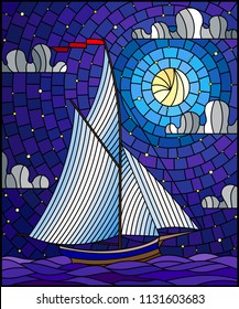 Illustration in stained glass style with an ship sailing with white sails against the sea, moon  and starry sky, seascape 