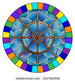 Illustration in stained glass style with ship steering wheel on the background of waves, round image in bright frame 