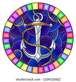 Illustration in stained glass style with ship anchor and rope on the background of waves, round image in bright frame 