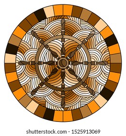 Illustration in stained glass style with ship steering wheel on the background of waves, round image in bright frame. brown tne, sepia