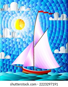 Illustration in stained glass style with an ship sailing with white sails against the sea, sun and sky, seascape 