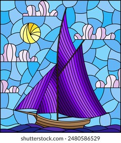 Ilustración en estilo vitral con un barco navegando con velas blancas contra el mar, el sol y el cielo, paisaje marino 