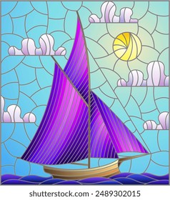 Illustration in stained glass style with an ship sailing with white sails against the sea, sun and sky, seascape 