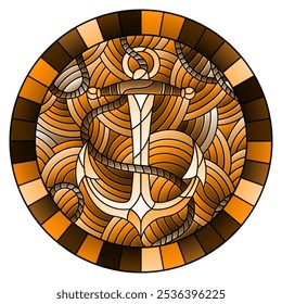 Illustration in stained glass style with ship anchor and rope on the background of waves, round image in frame, tone brown sepia