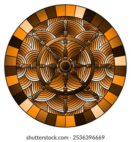 Illustration in stained glass style with ship steering wheel on the background of waves, round image in bright frame. brown tne, sepia