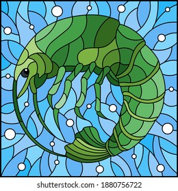 Illustration in stained glass style with a shrimp on a background of water and air bubbles, rectangular image
