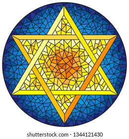 Illustration in stained glass style six-pointed star of David, yellow star on a blue background, round image