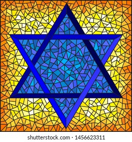 Illustration in stained glass style six-pointed star of David, blue star on a yellow background, square image