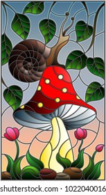 Illustration in stained glass style snail on the mushroom , on the background branches with leaves , grass and sky