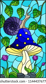 Illustration in stained glass style snail on the mushroom , on the background branches with leaves , grass and sky