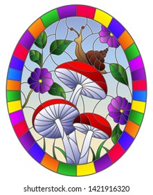 Illustration in stained glass style snail on the mushroom , on the background branches with leaves , grass and sky,oval image in bright frame
