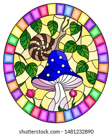 Illustration in stained glass style snail on a blue mushroom , on the background branches with leaves and  grass ,oval image in bright frame