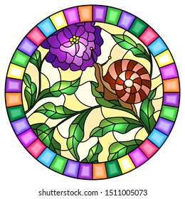 Illustration in stained glass style with  snail and flower   , on the background branches with leaves,oval image in bright frame
