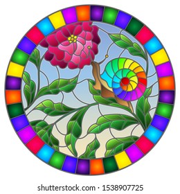 Illustration in stained glass style snail and flower  mushroom , on the background branches with leaves , grass and sky,oval image in bright frame