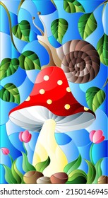 Illustration in stained glass style snail on the mushroom , on the background branches with leaves , grass and sky background