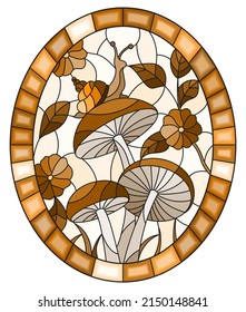 Illustration in stained glass style snail on the mushroom, on the background of branches with leaves and grass,oval image, tone brown