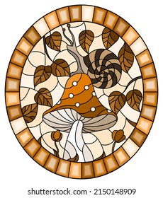 Illustration in stained glass style snail on a blue mushroom , on the background branches with leaves and grass ,oval image, tone brown