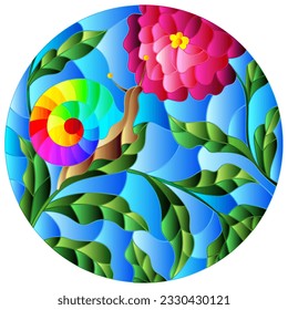 Illustration in stained glass style snail and flower  mushroom , on the background branches with leaves , grass and sky,oval image in bright frame